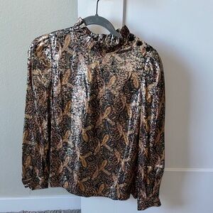 ba&sh Shiny Black and Gold Paisley Blouse